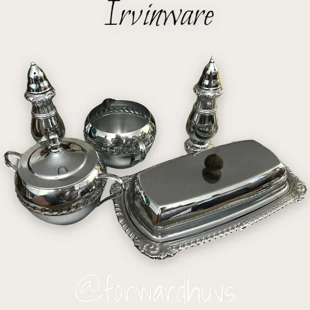 Irvinware Silver Tone Butter Dish, Sugar & Creamer Dish and Salt & Pepper Shaker